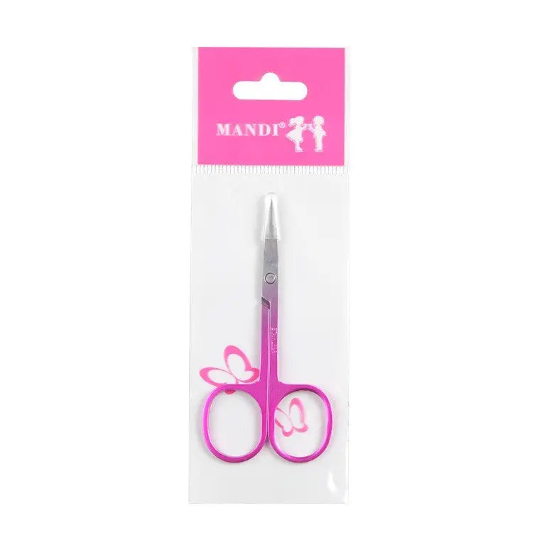 Pink scissors with butterfly design in packaging on a white background