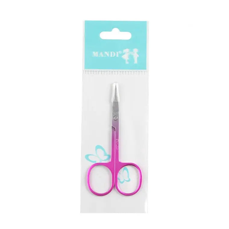 Pink scissors with blue butterfly designs in a MANDI branded package on a white background